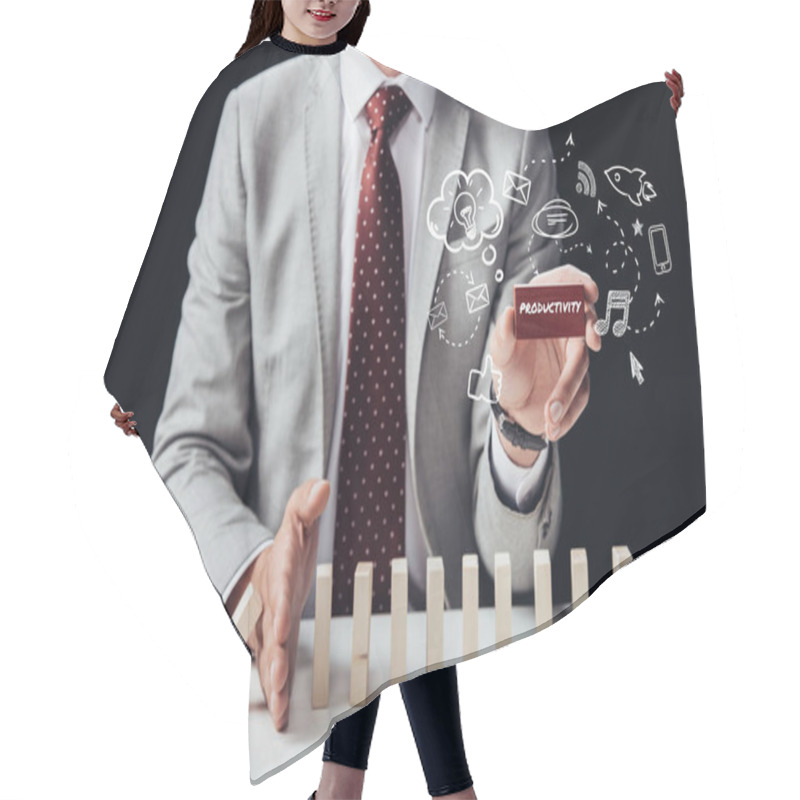 Personality  Cropped View Of Businessman Preventing Wooden Blocks From Falling While Holding Brick With Word 'productivity', Icons On Foreground Hair Cutting Cape