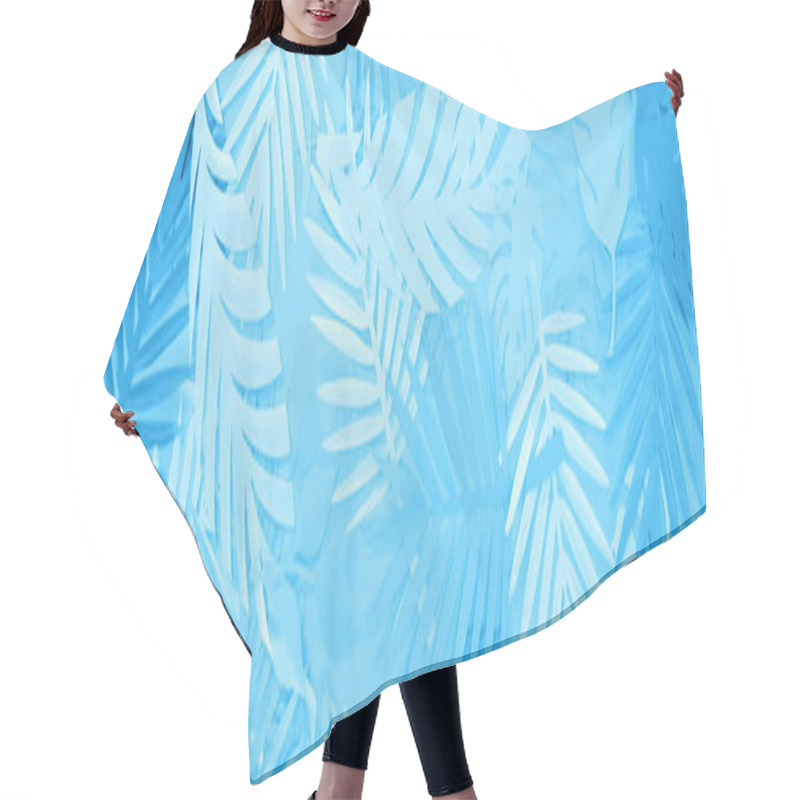 Personality  Top View Of Paper Leaves On Blue Minimalistic Background, Panoramic Shot Hair Cutting Cape