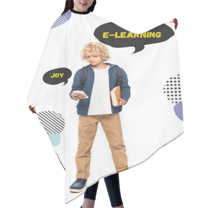 Personality  Blonde Schoolboy Holding Book And Using Smartphone Near Speech Bubbles With Joy And E-learning Words On White  Hair Cutting Cape