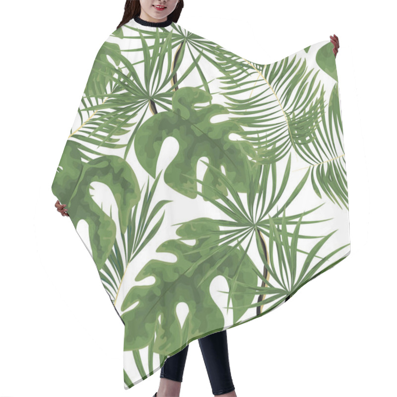 Personality  Seamless Pattern Of Bright Green Tropical Leaves On White Backgr Hair Cutting Cape