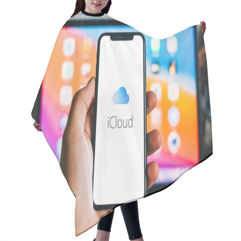 Personality  IPhone With Apple ICloud Logo On The Screen. Hair Cutting Cape