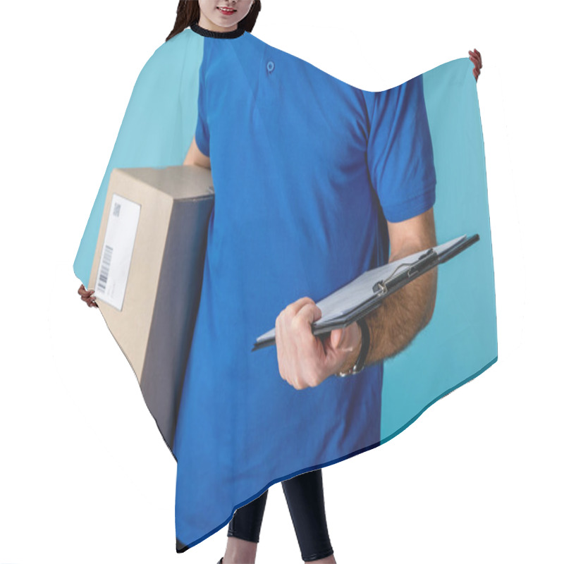 Personality  Cropped View Of Delivery Man Holding Clipboard And Cardboard Package Isolated On Blue Hair Cutting Cape