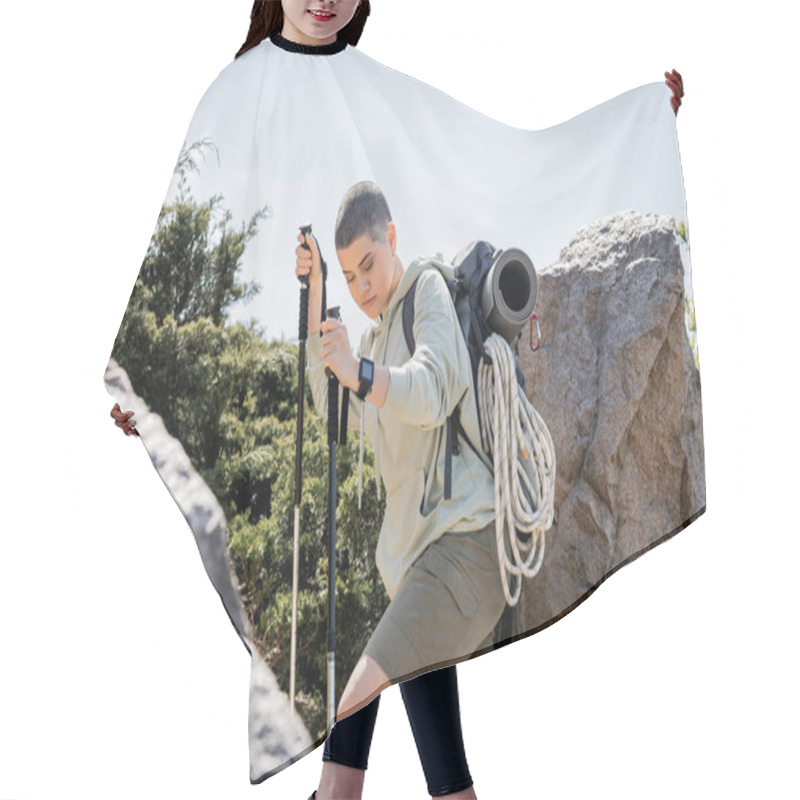 Personality  Young Short Haired Female Tourist With Backpack And Climbing Rope Holding Trekking Pole Walking Near Stones On Hill At Background, Tranquil Hiker Finding Inner Peace On Trail, Summer Hair Cutting Cape