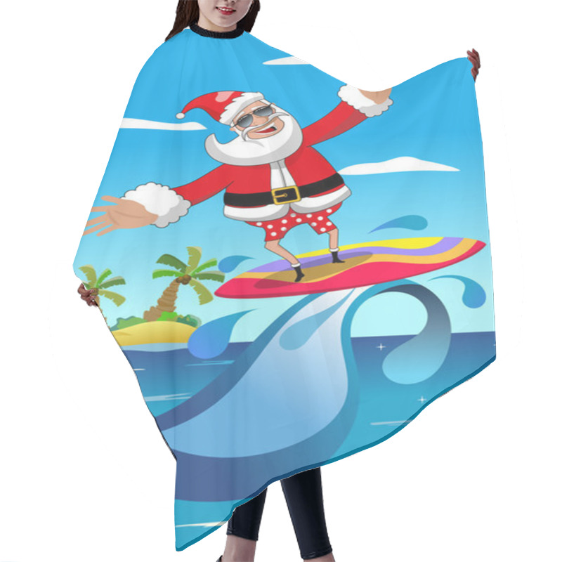 Personality  Santa Claus Surfing In Tropical Sea With Surfboard Hair Cutting Cape