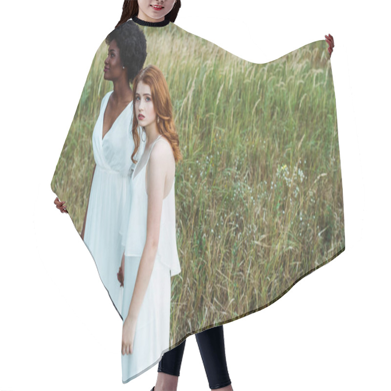 Personality   Young And Pretty Multicultural Women Standing In Green Field  Hair Cutting Cape