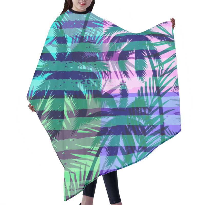 Personality  Seamless Exotic Pattern With Tropical Palm On Geometric Background In Bright Color. Hair Cutting Cape