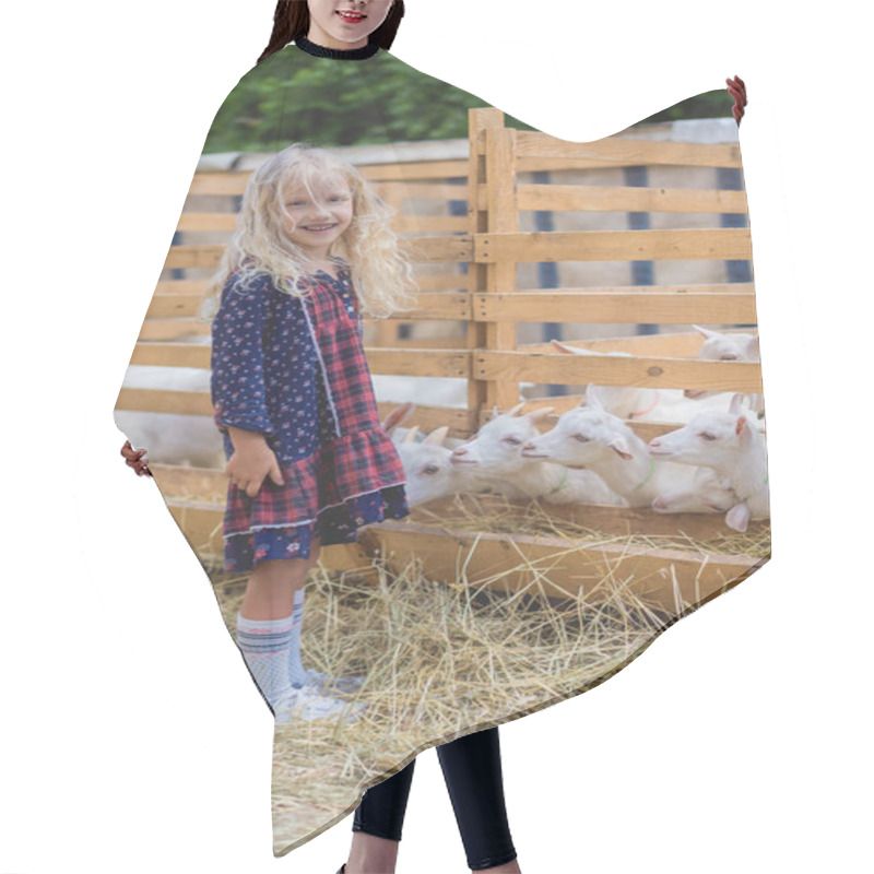 Personality  Happy Kid Standing Near Goats At Farm And Looking At Camera Hair Cutting Cape