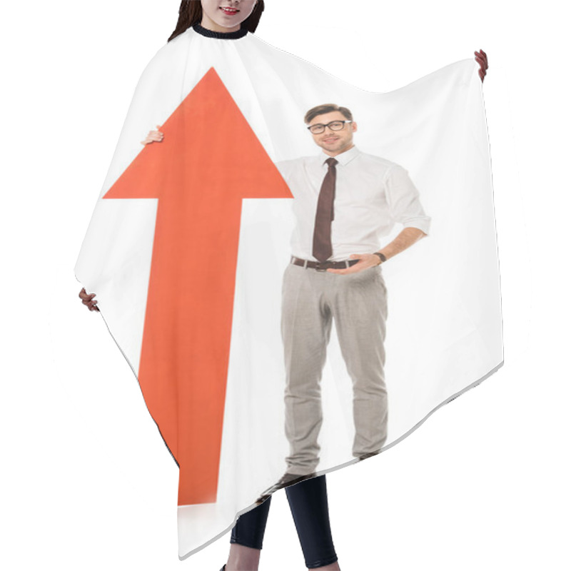 Personality  Young Handsome Businessman Standing With Big Red Arrow Isolated On White Hair Cutting Cape