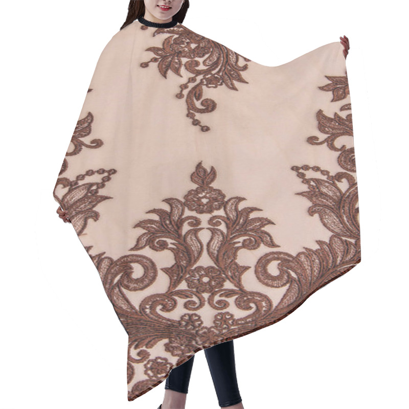 Personality  Texture Lace Fabric. Lace On White Background Studio. Thin Fabric Made Of Yarn Or Thread. A Background Image Of Ivory-colored Lace Cloth. Brown Lace On Beige Background. Hair Cutting Cape