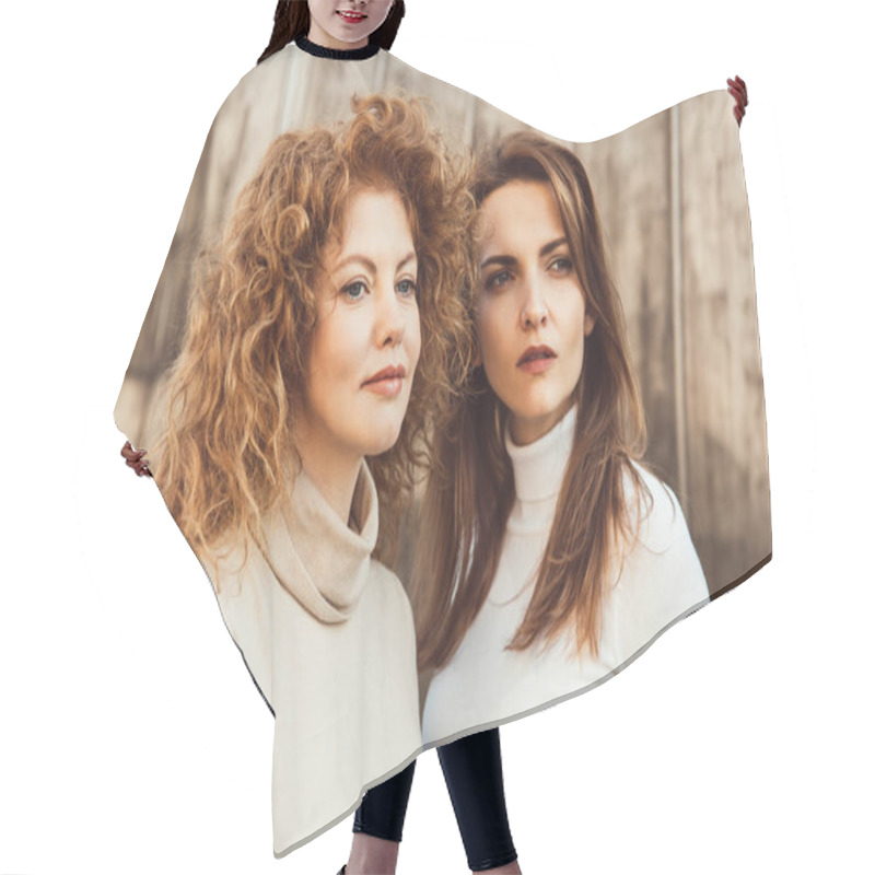 Personality  Portrait Of Pretty Female Friends In Turtle Necks Looking Away At Urban Street Hair Cutting Cape