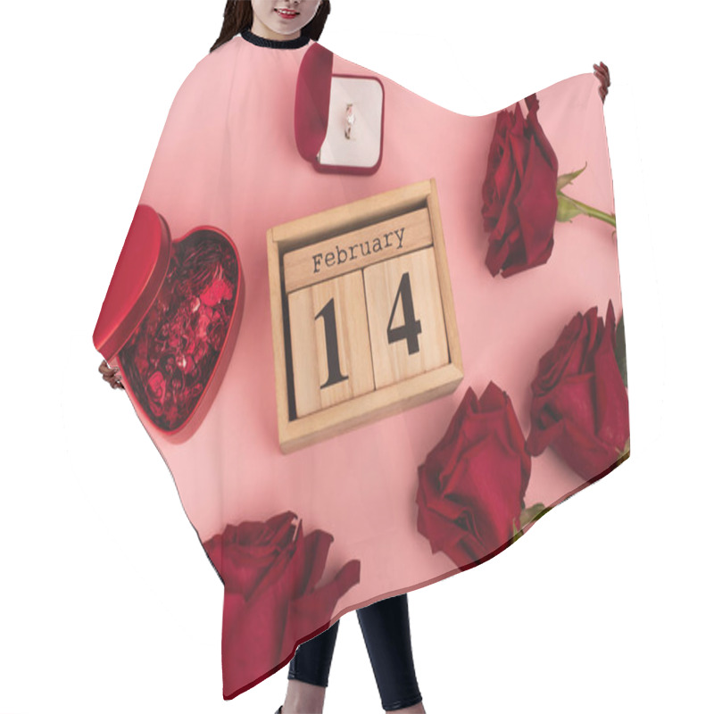 Personality  Top View Of Red Roses Near Calendar With 14 February Lettering, Confetti And Engagement Ring On Pink  Hair Cutting Cape