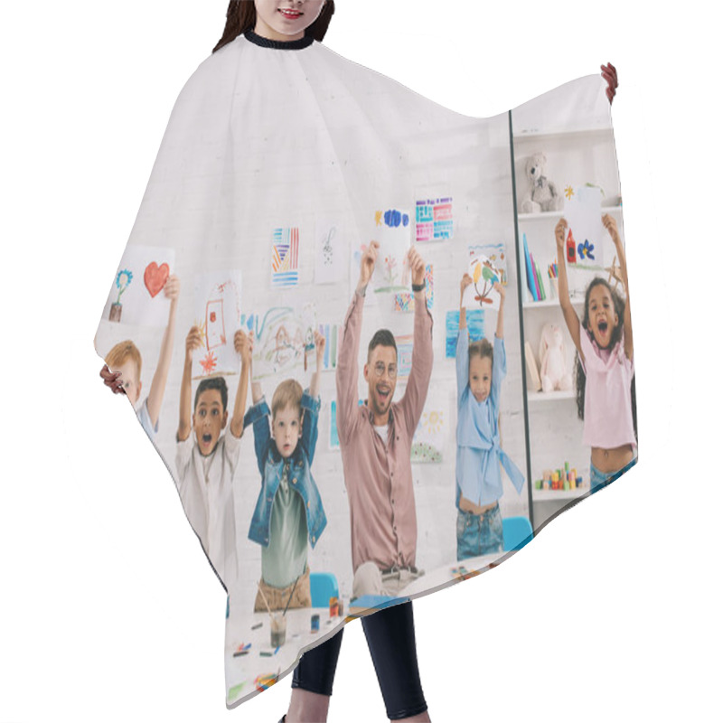 Personality  Portrait Of Smiling Teacher And Multiethnic Kids Showing Pictures In Hands In Classroom Hair Cutting Cape