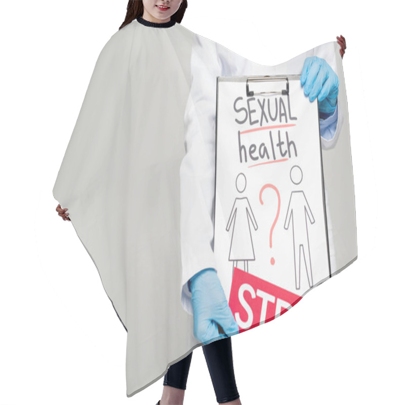 Personality  Cropped View Of Doctor In Blue Latex Gloves And White Coat Holding Clipboard With Sexual Health, Drawn Man And Woman And Std Lettering Isolated On Grey Hair Cutting Cape