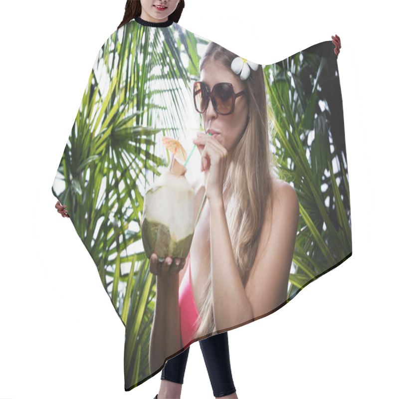 Personality  Portrait Of Nice Young Woman Is Hanging In Tropical Jungle Hair Cutting Cape