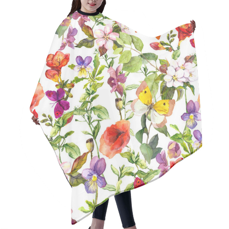 Personality  Meadow Flowers, Wild Herbs And Butterflies. Repeating Floral Pattern For Fashion Design. Vintage Watercolor Hair Cutting Cape