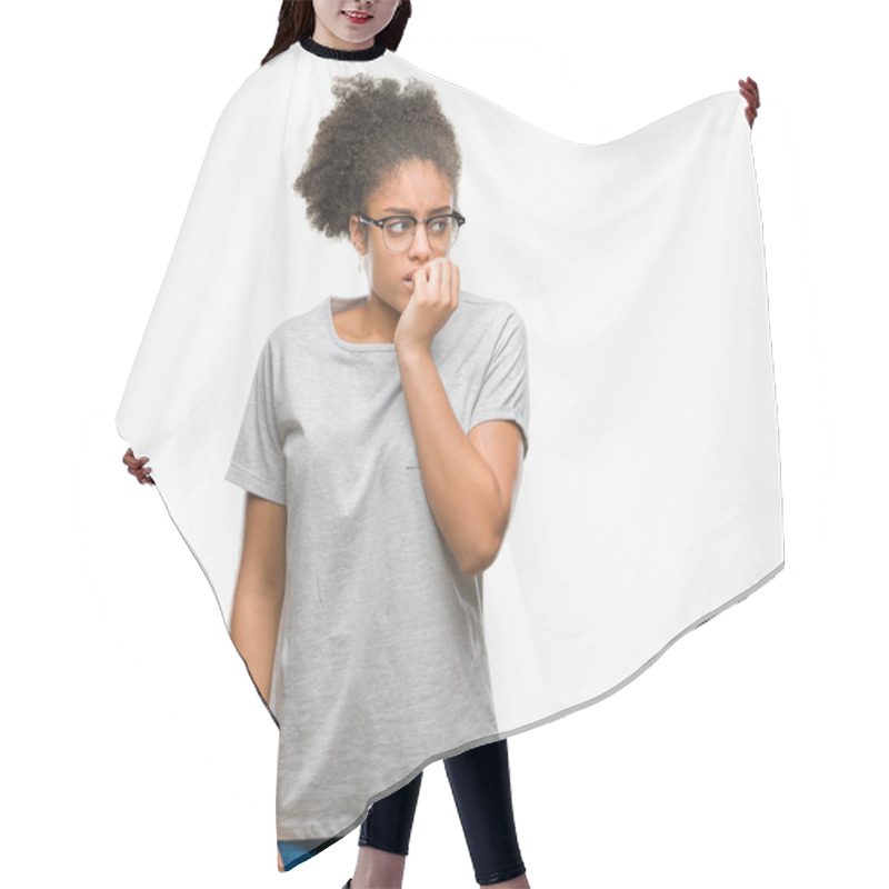 Personality  Young Afro American Woman Wearing Glasses Over Isolated Background Looking Stressed And Nervous With Hands On Mouth Biting Nails. Anxiety Problem. Hair Cutting Cape