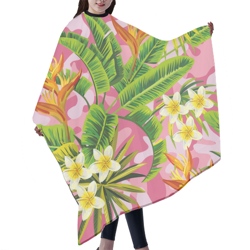 Personality  Tropical Exotic Plumeria Flowers With Green Leaves Of Banana Palm On A  Pink Camo Background. Seamless Pattern. Fashion Trendy Summer Wallpaper Hair Cutting Cape