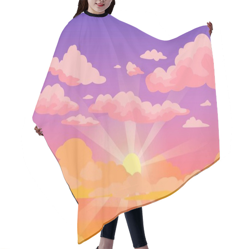 Personality  Sunset Sky With Clouds. Beautiful Purple To Yellow Sky Anime Background With Sunrays And Pink Fluffy Clouds. Cartoon Vector Illustration Hair Cutting Cape