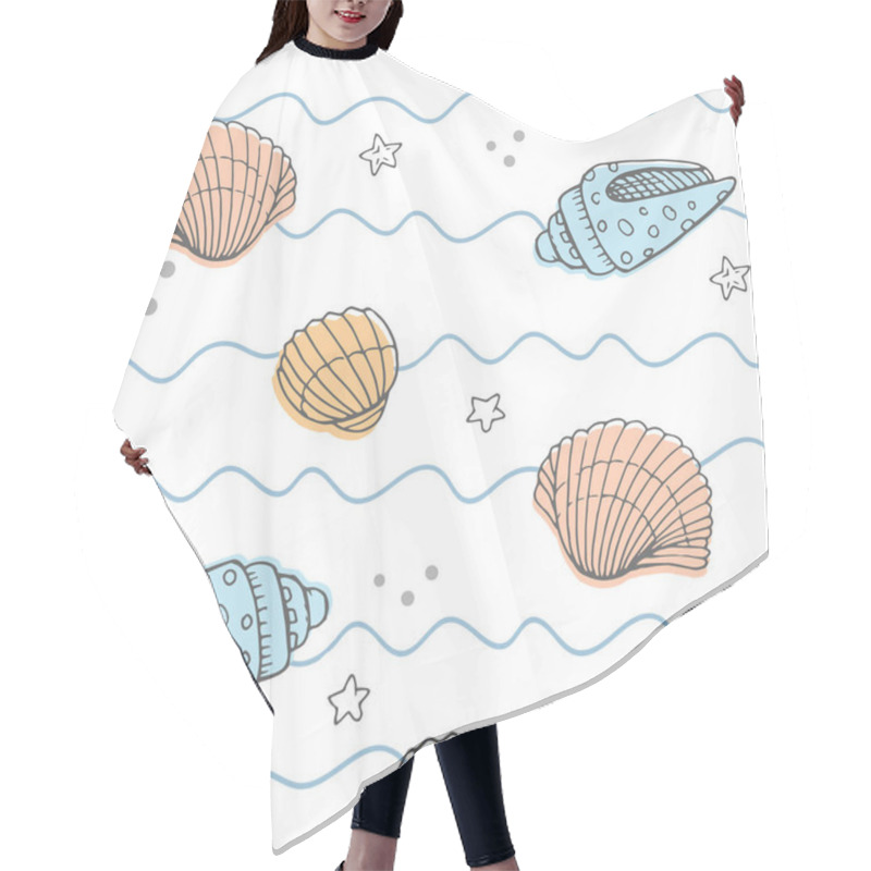 Personality  Vector Seamless Pattern With Hand Drawn Scallop Seashells, Sea Elements And Stars. Beautiful Marine Design, Perfect For Prints And Patterns, Textile, Fabric, Children Background Hair Cutting Cape