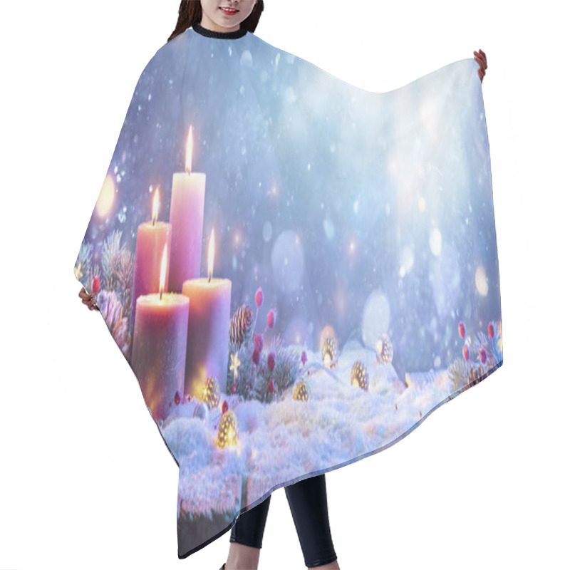 Personality  Advent - Four Purple Candles With Christmas Ornament In Shiny Night Hair Cutting Cape