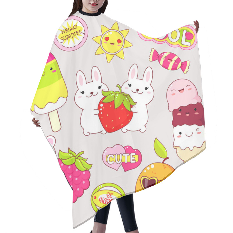 Personality  Set Of Cute Icons In Kawaii Style. Bunny Wuth Strawberry, Bear With Raspberry, Ice Cream, Sun, Orange In Sunglasses, Candy, Sticker With Inscription Cute, Hello Summer, Be Happy, Cool. EPS8 Hair Cutting Cape