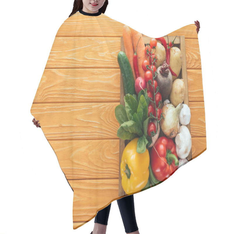 Personality  Top View Of Fresh Raw Healthy Vegetables In Box On Wooden Table Top Hair Cutting Cape