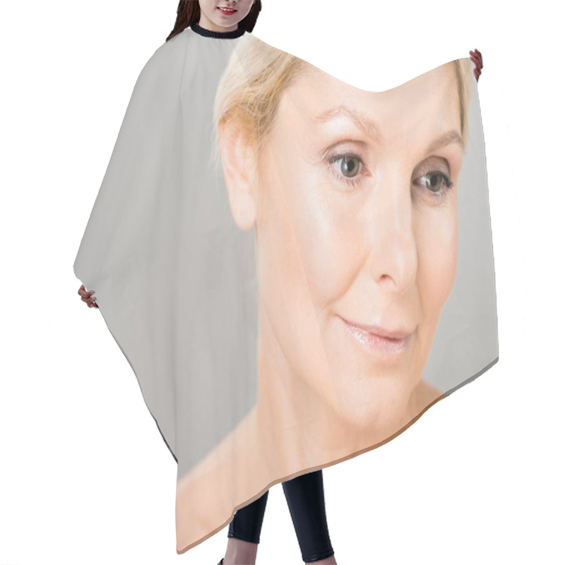 Personality  Attractive And Blonde Mature Woman Looking Away On Isolated On Grey Hair Cutting Cape