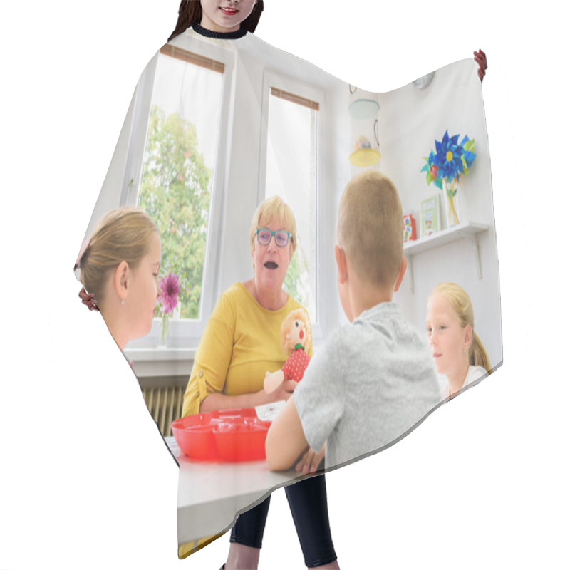 Personality  Children Speech Therapy Concept. Children Practicing Correct Pronunciation With A Female Speech Therapist. Group Therapy. Hair Cutting Cape