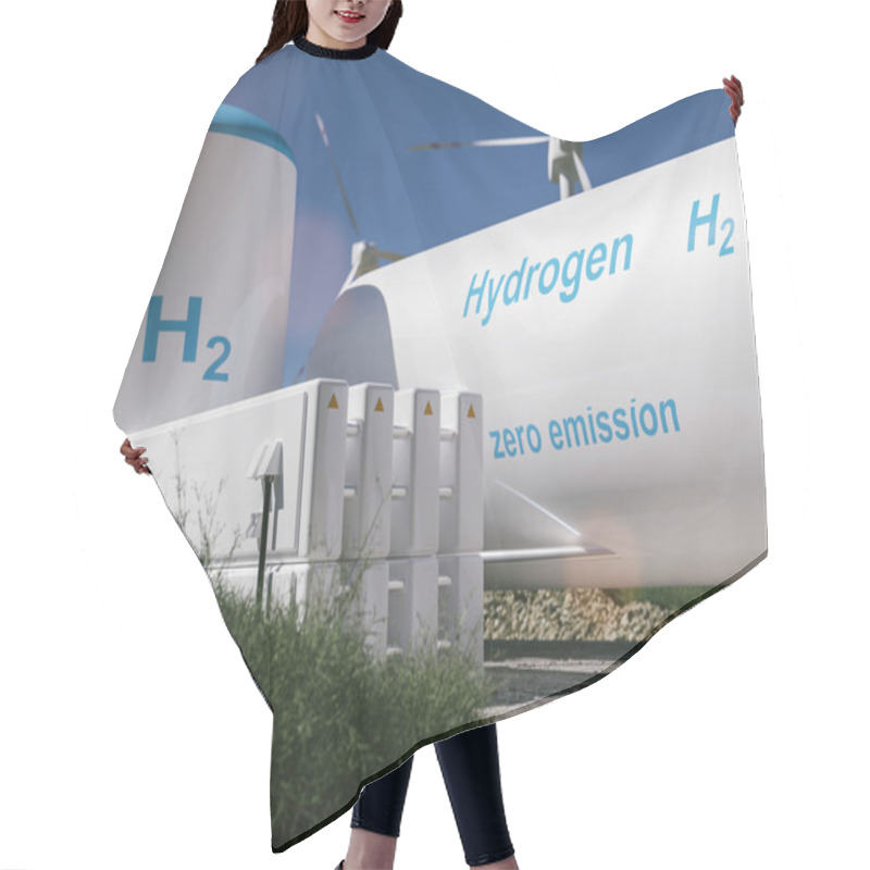 Personality  Hydrogen Renewable Energy Production - Hydrogen Gas For Clean Electricity Solar And Windturbine Facility. 3d Rendering. Hair Cutting Cape