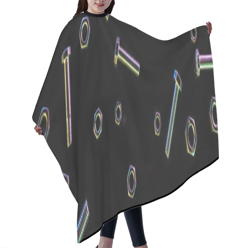 Personality  Panoramic Shot Of Scattered Metal Nuts And Bolts Pattern Isolated On Black Hair Cutting Cape