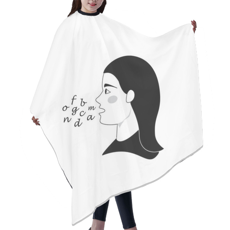 Personality  Woman Speaking With Words, Woman Speech On White Background. Symbol Or Vector Of Female Head With Letters Icon, Woman Talking, Flat Illustration, Modern Vector, Woman Head Front View, Letters Icons Hair Cutting Cape