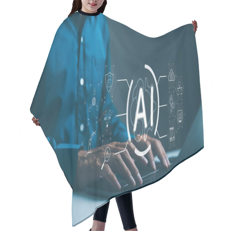 Personality  Artificial Intelligence Technology Concept. A Technology Professional Interacts With Icons Representing Different Aspects Of Artificial Intelligence On A Computer. Intelligent Tech, AI Prompt Generate Hair Cutting Cape