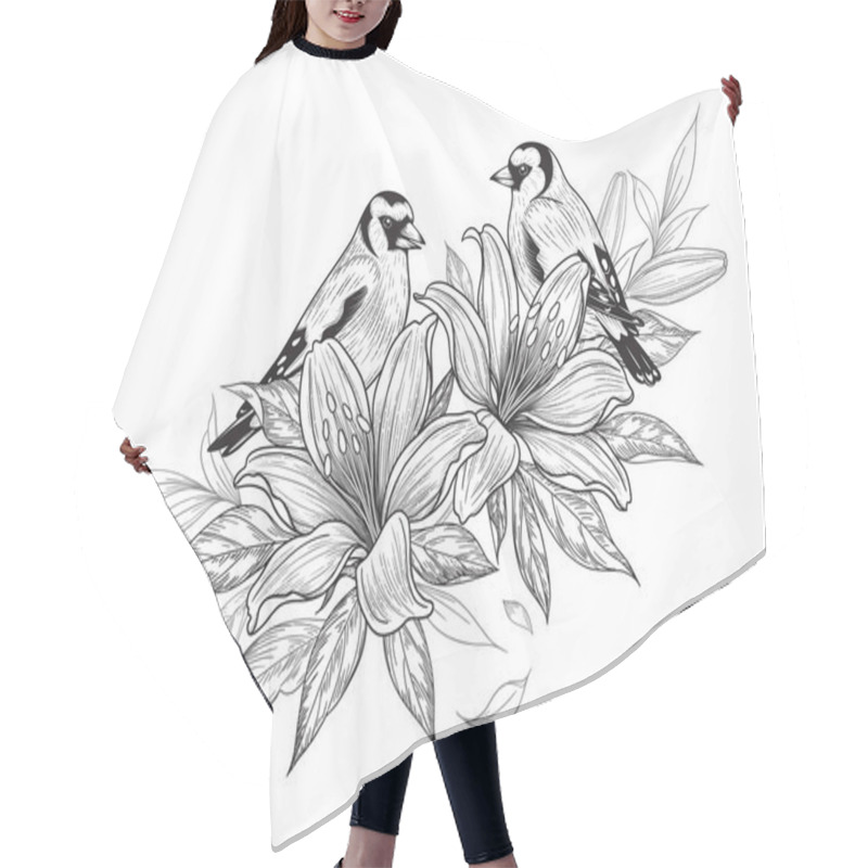 Personality  Hand Drawn Goldfinch Couple Sitting On Lily Branch Isolated On White Background. Vector Monochrome Elegant Floral Composition With Birds And Flowers In Vintage Style, T-shirt, Tattoo Design. Hair Cutting Cape