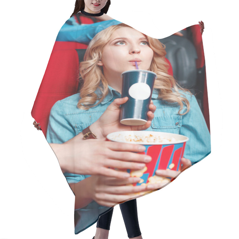 Personality  Man Helping Woman With Snacks In Cinema. Hair Cutting Cape