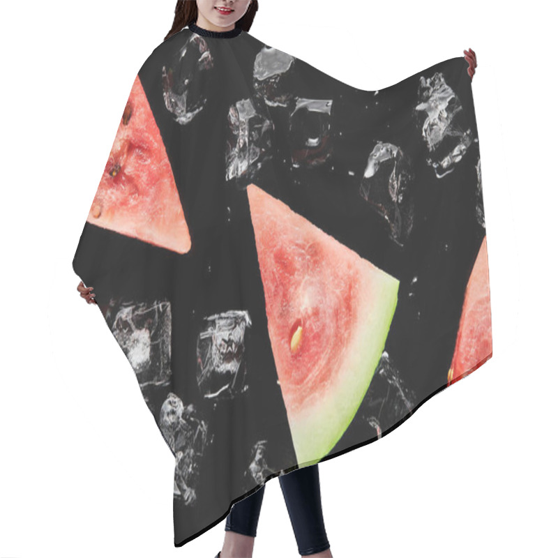 Personality  Top View Of Red Watermelon Slices With Melting Ice Isolated On Black Hair Cutting Cape