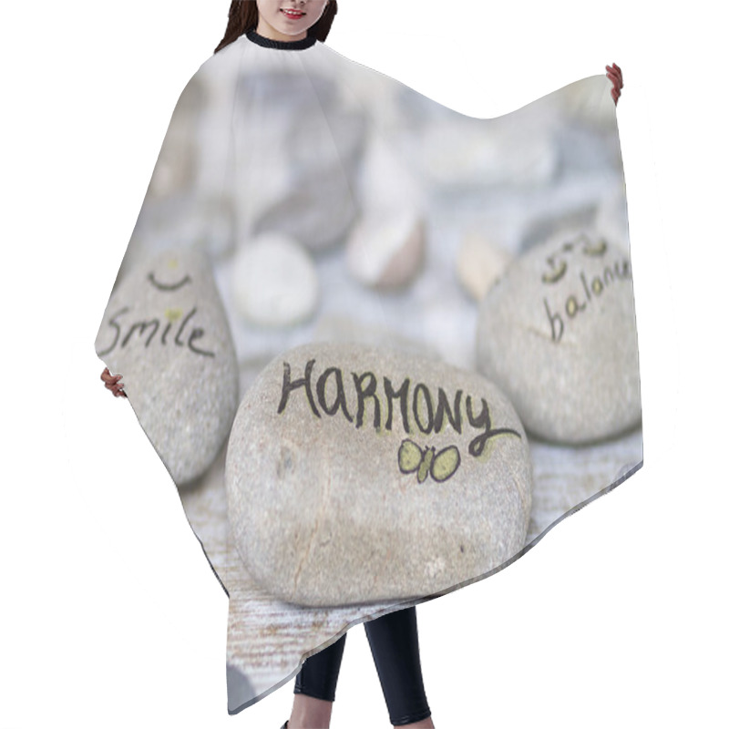 Personality  Life Phylosophy Words Writen On Round Stones Hair Cutting Cape