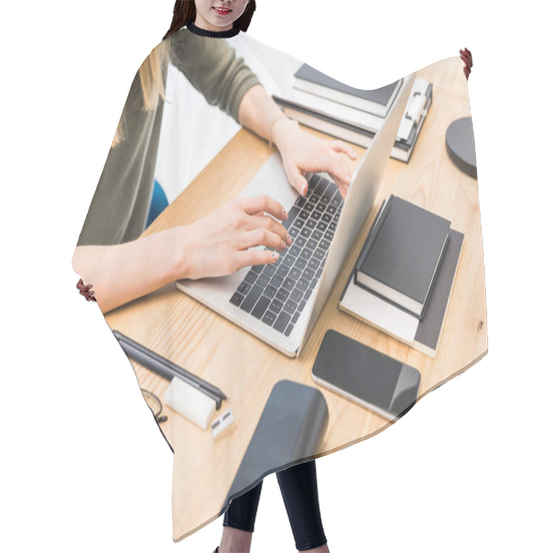 Personality  Partial View Of Businesswoman Typing On Laptop At Workplace With Notebooks, Eyeglasses And Smartphone In Office Hair Cutting Cape