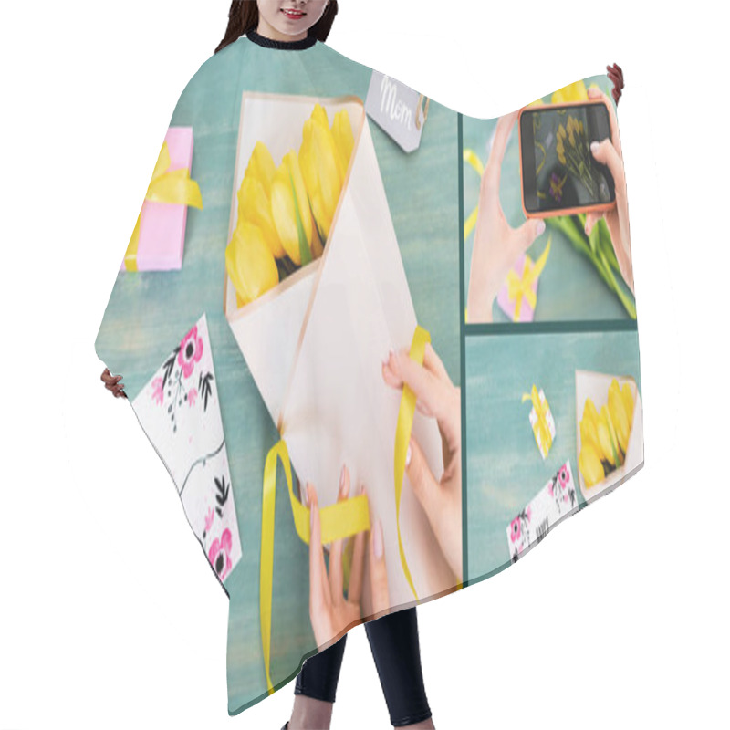 Personality  Collage Of Woman Taking Photo Of Yellow Tulips, Gift Box, Mom Tag Lettering And Greeting Card With Happy Mothers Day On Textured Surface Hair Cutting Cape