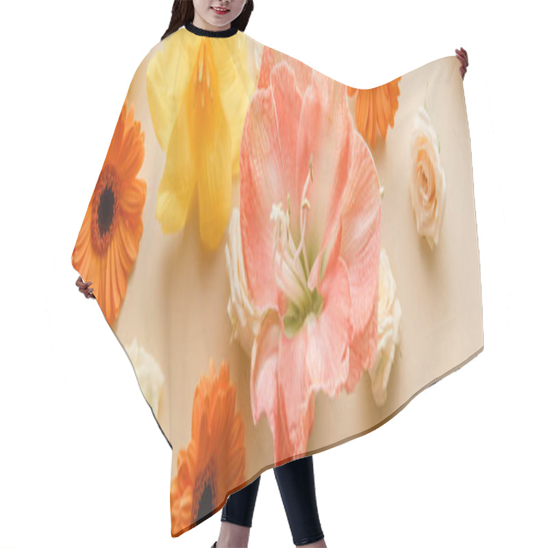 Personality  Top View Of Spring Flowers On Beige Background, Panoramic Shot Hair Cutting Cape