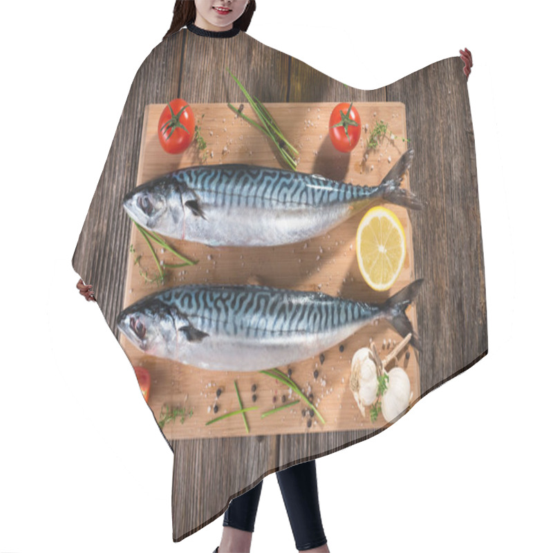 Personality  Fresh Mackerel On Wooden Board Served With Lemon And Herbs Hair Cutting Cape