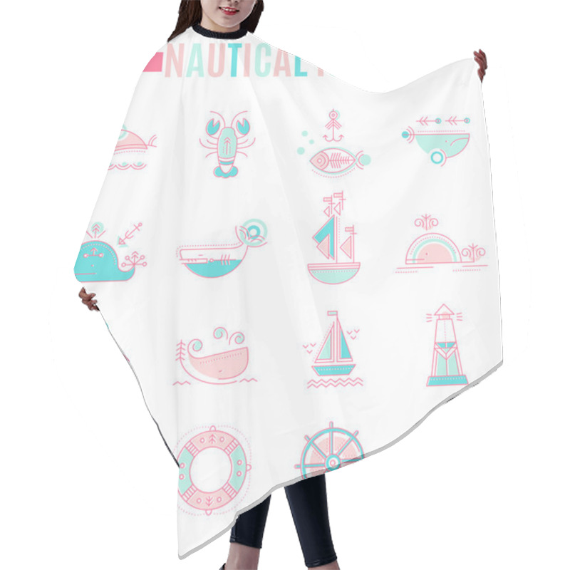 Personality  Nautical Icon Set, Minimalistic Flat Design With Thin Strokes Hair Cutting Cape