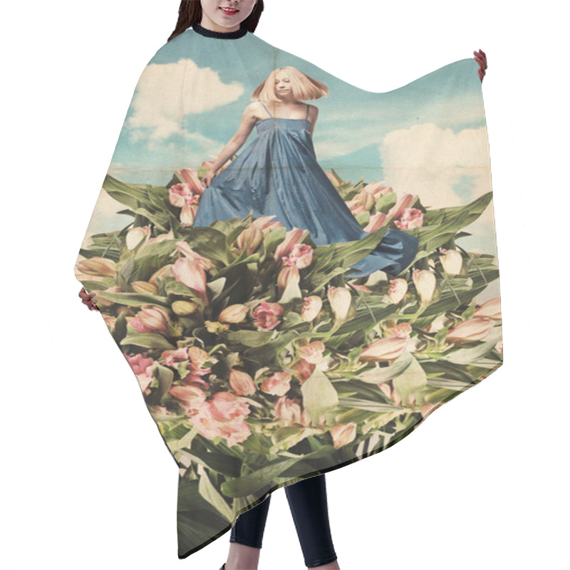 Personality  Art Collage With Beautiful Young Woman In Flowers Hair Cutting Cape