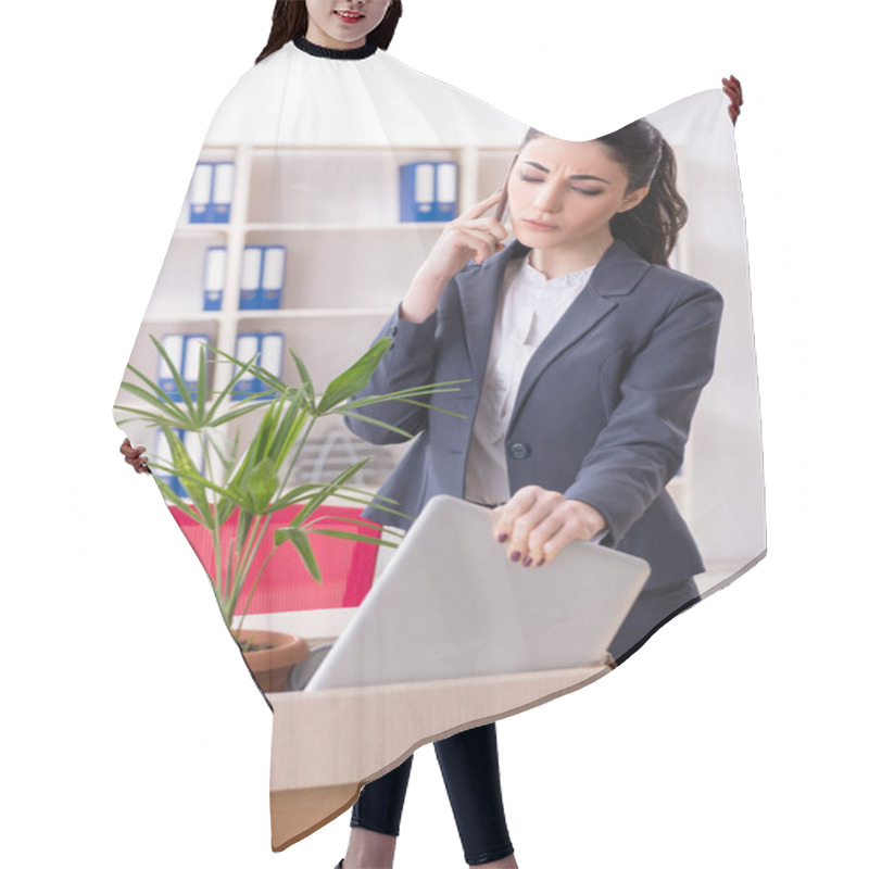 Personality  Young Female Employee Being Fired From Her Work Hair Cutting Cape