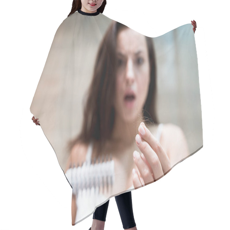 Personality  Brunette Woman Looking Frightened When Sees A Lot Of Fallen Hair On The Brush Hair Loss Problem Hair Cutting Cape