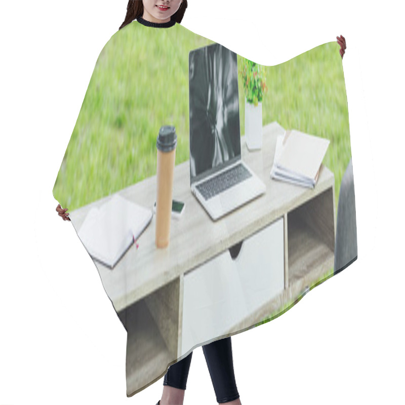 Personality  Panoramic Shot Of White Table With Laptop, Smartphone, Coffee To Go, Notebooks And Plant In Park Hair Cutting Cape