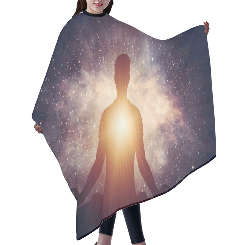 Personality  Man And Soul. Yoga Lotus Pose Meditation On Nebula Galaxy Background. Zen, Spiritual Well-being Hair Cutting Cape