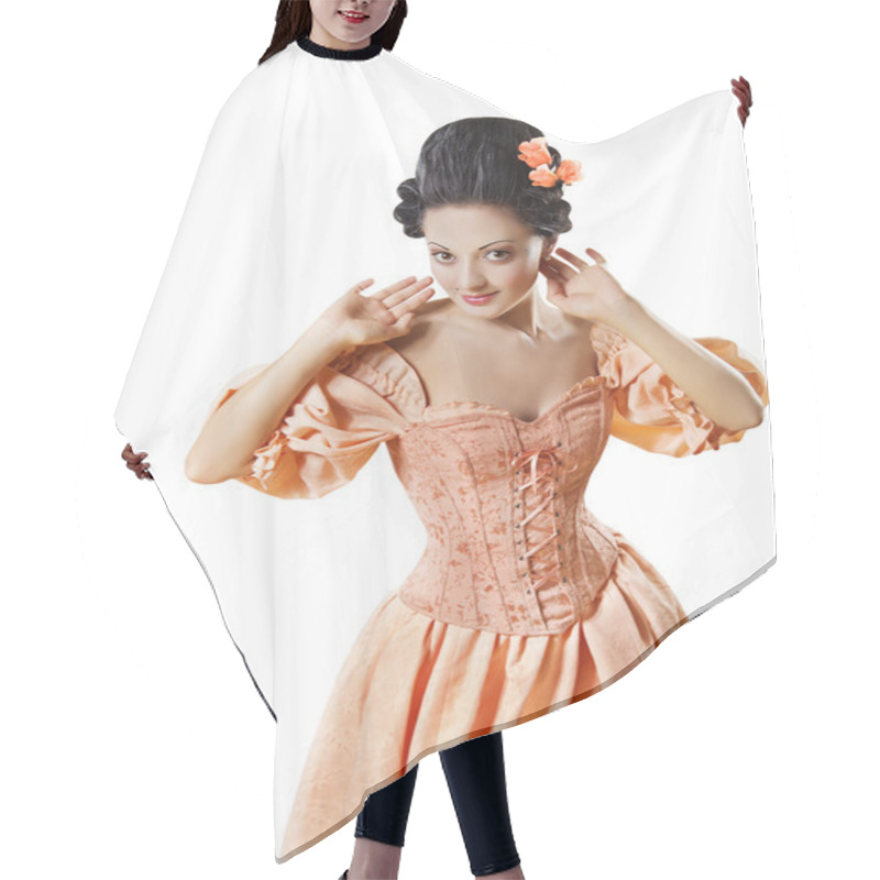 Personality  Woman In Historic Baroque Costume Corset, Girl In Rococo Retro Style Dress Flirting Isolated Over White Background Hair Cutting Cape