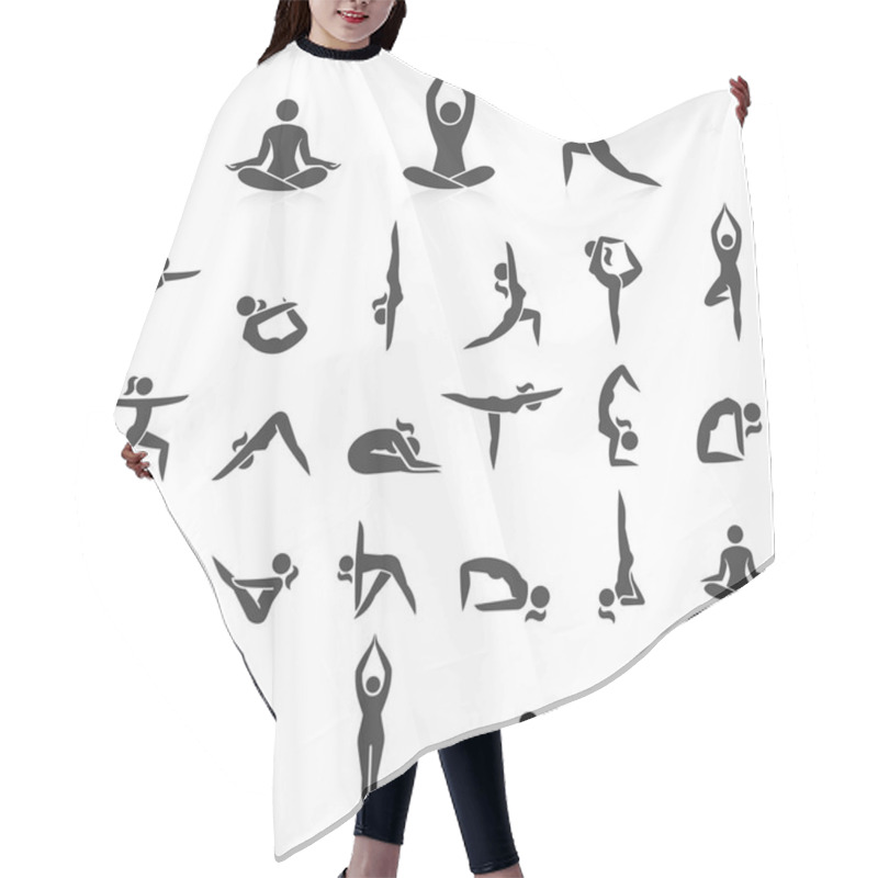 Personality  Yoga Woman Poses Icons Set. Vector Illustrations.  Hair Cutting Cape