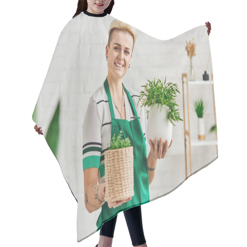 Personality  Eco-conscious Mindset, Excited Tattooed Woman With Radiant Smile Holding Flowerpots With Green Houseplants And Looking At Camera In Modern Apartment, Sustainable Home Decor And Green Living Concept Hair Cutting Cape