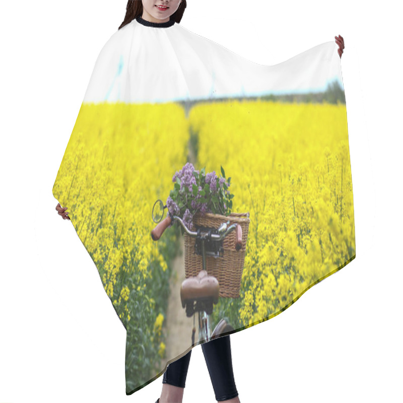 Personality  Vintage Bike With A Bouquet Of Lilac Flowers In The Wicker Basket In The Summer Blooming Rapeseed Field Hair Cutting Cape